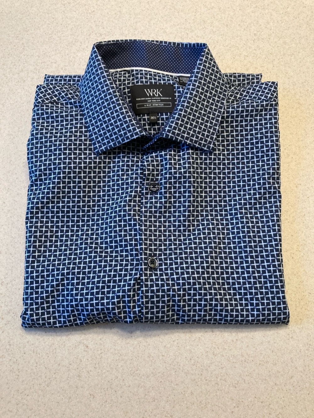 WRK Work Rest Karma Button-Down Shirt Navy/White 4-Way Stretch Men Sz 16.5 NWOT